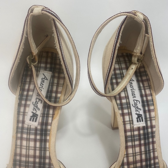 American Eagle Womens Heel Shoes 10 Canvas Peep Toe Ankle Strap Bows Plaid - Picture 15 of 16